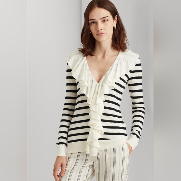 Lauren Ralph Lauren Ivory Polo Black Striped Ruffle Trim Cardigan Size Large - Picture 1 of 16